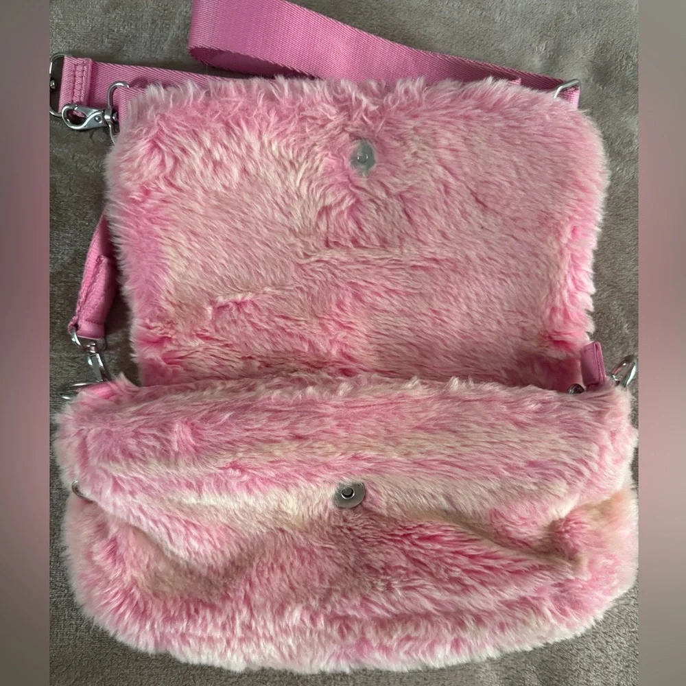 Kipling Aras Furry Shoulder Bag Pink Y2K Barbiecore Faux Fur - Picture 7 of 13